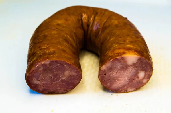 Krakow Sausage Photo White Table — Stock Photo, Image