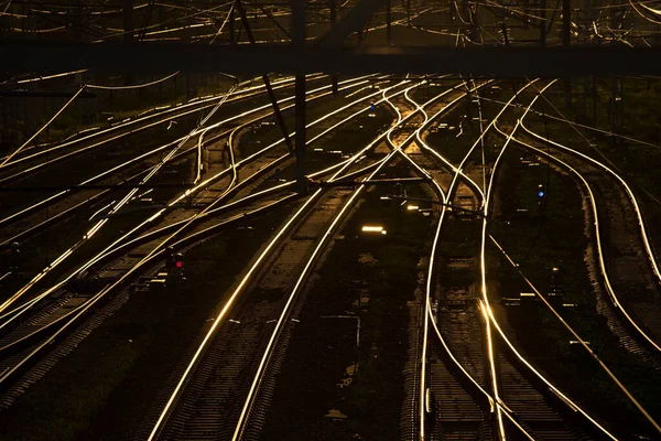 Ferrovias Fios Pôr Sol — Fotografia de Stock