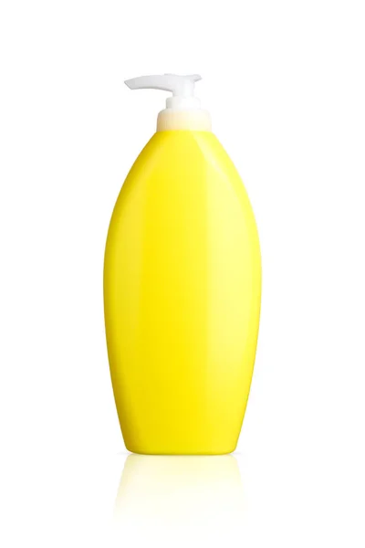 Botella Loción Amarilla Botella Protector Solar Fondo Aislado Con Camino —  Fotos de Stock