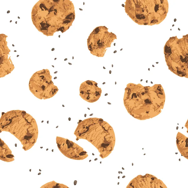 Chocolate Chips Cookies Top View Seamless Pattern Vector Illustration White — Stock Vector