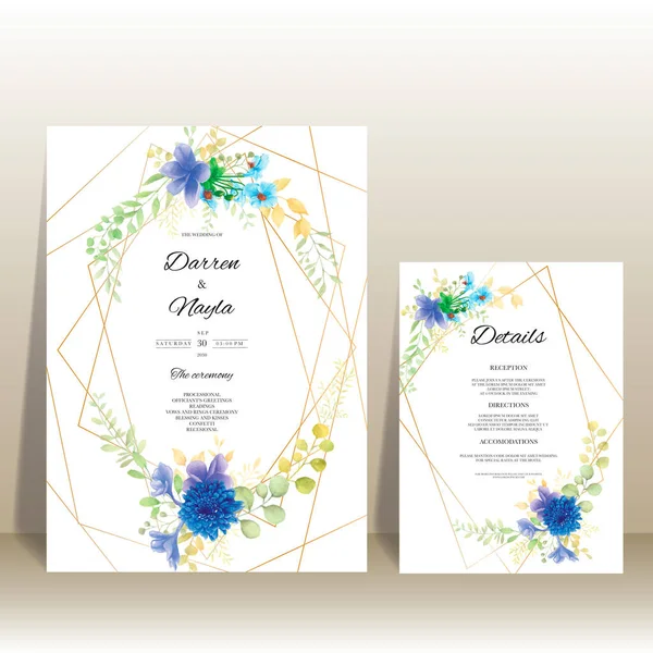Florale Hochzeitseinladungsvorlage Set Mit Eleganten Blume Und Blättern Aquarell — Stockvektor