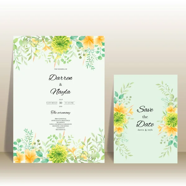 Florale Hochzeitseinladungsvorlage Set Mit Eleganten Blume Und Blättern Aquarell — Stockvektor