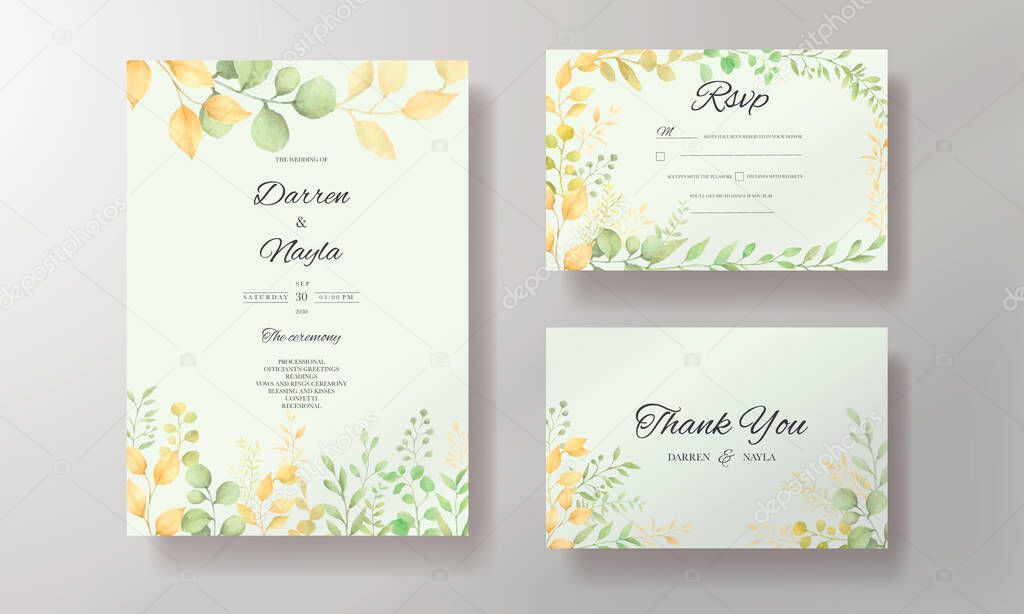 Floral wedding invitation template set with elegant flower and leaves watercolor