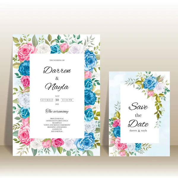Hochzeitseinladung Blumig Mit Schönen Blüten Und Blättern — Stockvektor