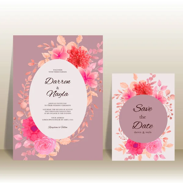 Gyönyörű Esküvői Meghívó Burgundi Virágokkal Levelekkel — Stock Vector