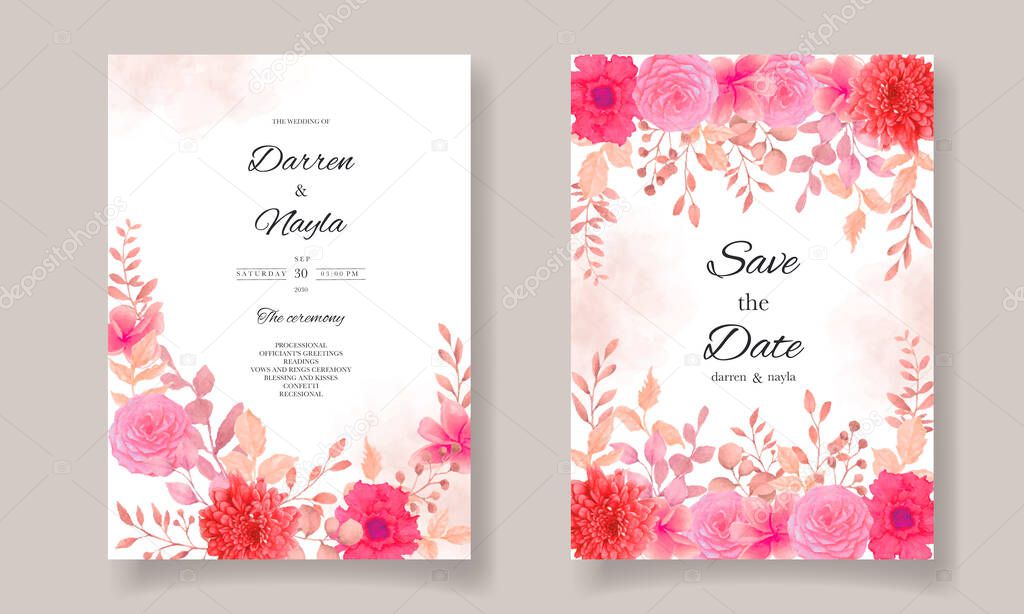 Beautiful wedding invitation with burgundy flowers and leaves