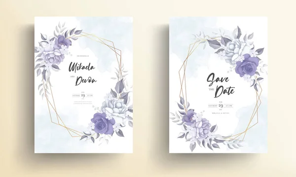 Gyönyörű Esküvői Meghívó Kártya Lila Virág Dekoráció — Stock Vector