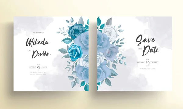 Σύγχρονη Πρόσκληση Γάμου Κάρτα Μπλε Λουλούδια — Διανυσματικό Αρχείο