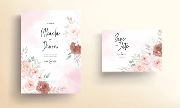 Gyönyörű Kézzel Rajzolt Barna Virágos Esküvői Meghívó Kártya Design — Stock Vector