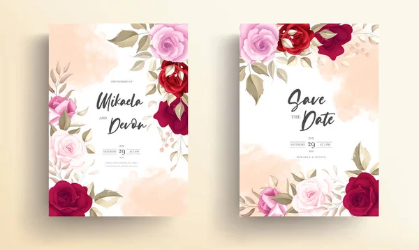 Elegant Wedding Invitation Card Beautiful Maroon Roses — Διανυσματικό Αρχείο