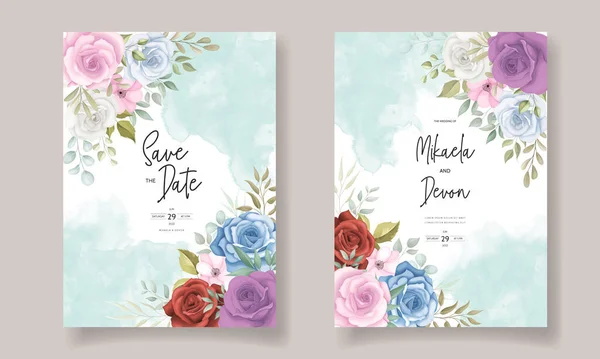 Κομψό Γαμήλιο Προσκλητήριο Πολύχρωμα Λουλούδια Διακόσμηση — Διανυσματικό Αρχείο