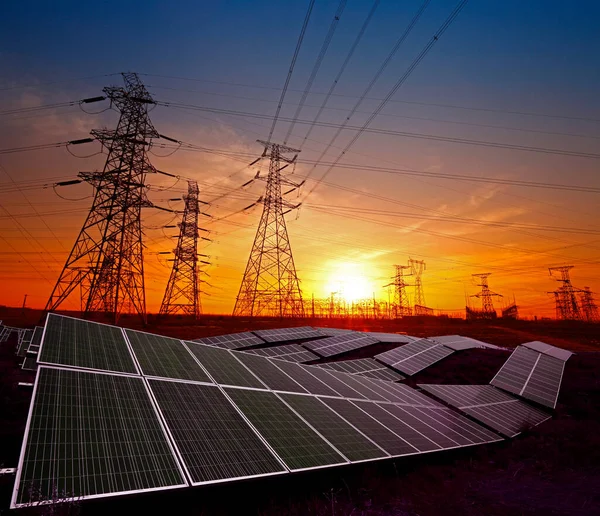 Solar panels and electric tower, green energy