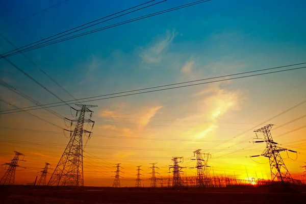 Alambre Energía Eléctrica Atardecer — Foto de Stock