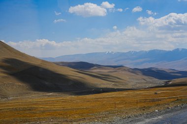Güneşli bir yaz, geniş bir panoramik dağ çayırı manzarası ve doğal otlaklar..