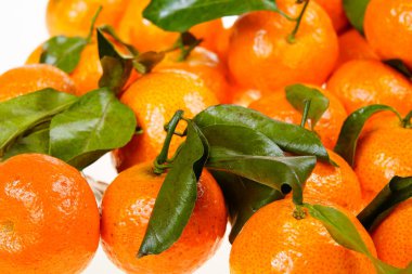Mandarin portakalları beyaz bir arkaplanda serili.