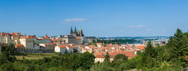 Prag panorama mavi gökyüzü, kale, katedral, eski binalar, alanları, çayırlar, nehir ve ağaçlar