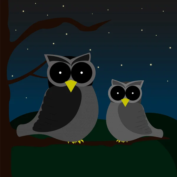 İki baykuş gece gökyüzü arka plan tepelerde ve yıldız dolu bir ağaçta oturuyor — Stok Vektör