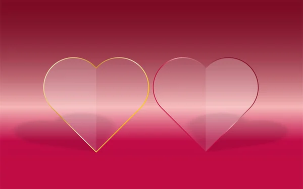 Dos corazones transparentes con relleno de vidrio y marco rojo o dorado sobre fondo de degradado rosa con sombra caída — Archivo Imágenes Vectoriales