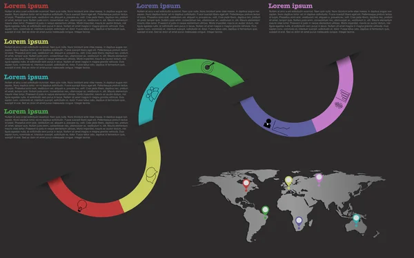 Moderna tidslinjen infographic med steg, ikoner, världskarta, punkt — Stock vektor