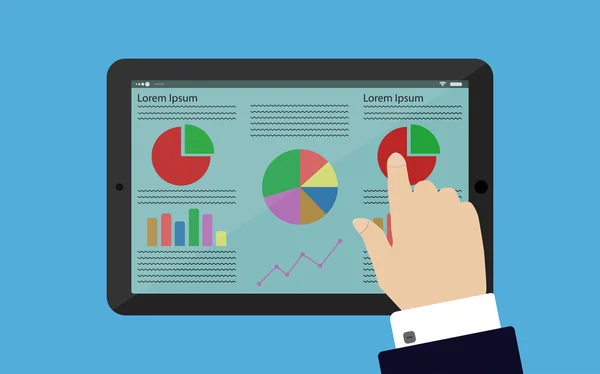 Takım elbise ve gömlek iş Infographic tablet veya düz tasarım iş kavramı dokunmatik ekranlı akıllı aygıt dokunmadan el. 