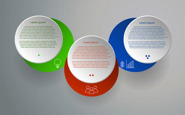 Üç adım infographics yuvarlanır. Dairesel Infographic zaman çizelgesi ile metin için yer. Infographic anahat simgeleri ve gölgeler. Yuvarlak Infographic modern renkler. 