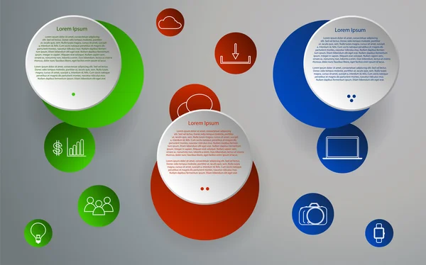 Infographie arrondie en trois étapes. Infographie circulaire. Infographie arrondie en couleurs modernes. Décrivez la technologie et les icônes commerciales . — Image vectorielle