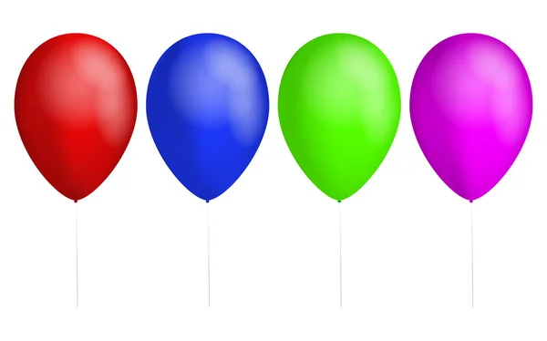 Set of four colorful balloons. Red balloon. Blue Balloon. Green balloon. Pink balloon. Ballons with rope or cord. Shiny birthday balloons. Balloons with white reflection. — Stock Vector