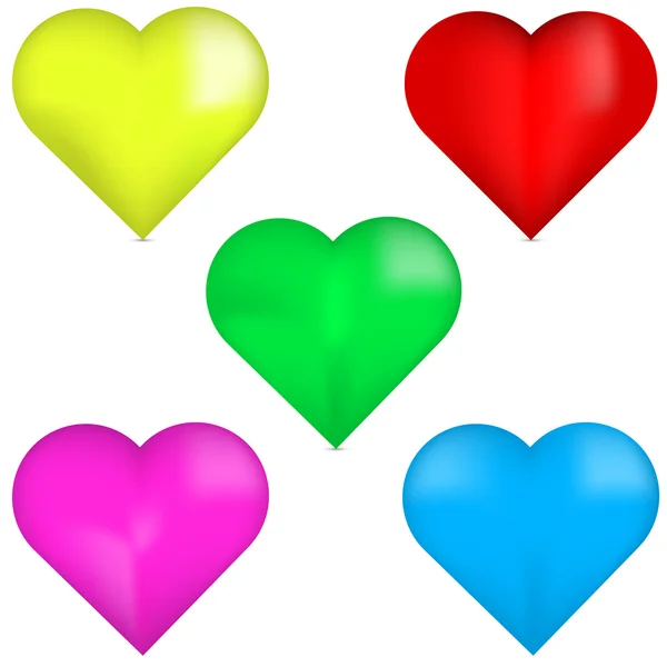 Corazón rojo 3D, corazón amarillo 3D, corazón verde 3D, corazón rosa 3D, corazón azul 3D. Conjunto de corazones coloridos 3D. Corazones coloridos aislados sobre fondo blanco. Conjunto de hermosos corazones . — Archivo Imágenes Vectoriales