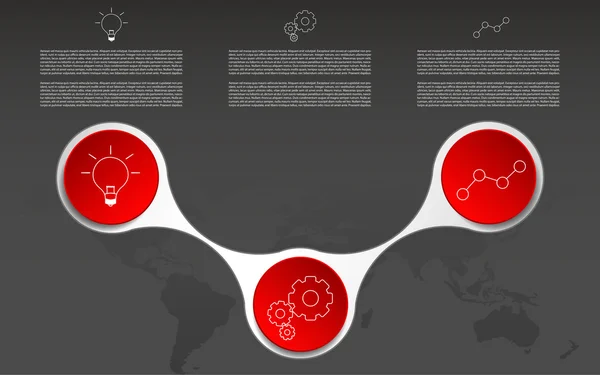 Modern üç adım Infographic. Infographics anahat simgeleri ve Dünya Haritası ile. Ampul, dişli ve yuvarlak Infographic grafikte. Dairesel üç adım zaman çizelgesi infographics. Infographic anahat simgeleri ile kırmızı daireler.