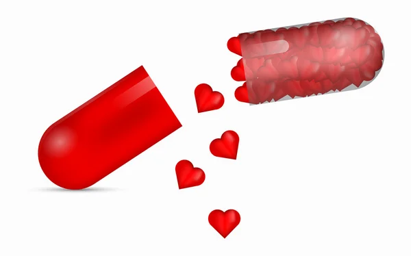 Красная прозрачная таблетка, полная глянцевых 3D сердец. 3D таблетки с падающими красными сердцами. Половина таблеток, полных прекрасных сердец. Таблетки любви. Таблетки для исцеления разбитого сердца. 3D медицинская таблетка с кучей красных сердец . — стоковый вектор