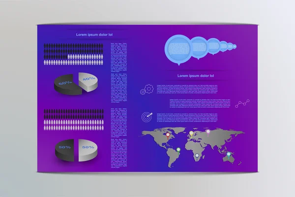 Farbenfrohe männliche und weibliche Infografiken. Infografik mit 3D-Runddiagramm (Tortendiagramm) und Weltkarte mit Zeigern. Broschüre (Flyer) im Stil von Infografiken mit Zeitleiste, Symbolen, Umrisssymbolen und Weltkarte. — Stockvektor