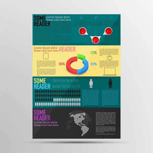 Modern renkli broşür infographics. Infographic zaman çizelgesi, 3d pasta grafiği, anahat simgeleri ve noktalı Dünya Haritası. Infographics noktalı gezegen (yuvarlak dünya haritası) yansıması ile modern tarzı ile.