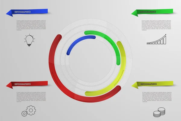 Infographies circulaires avec icônes de contour. Infographie arrondie avec bannières 3D en différentes couleurs. Infographie chronologique en quatre étapes avec icônes de contour. Peut être utilisé dans le cadre de l'infographie commerciale . — Image vectorielle