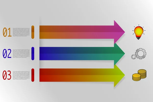 Infografiken in drei Schritten mit bunten Pfeilen im Origami-Stil. 3 Schritte Timeline-Infografiken mit bunten Gradientensymbolen und Pfeilen mit Schatten. moderne Wirtschaftsinfografik. — Stockvektor