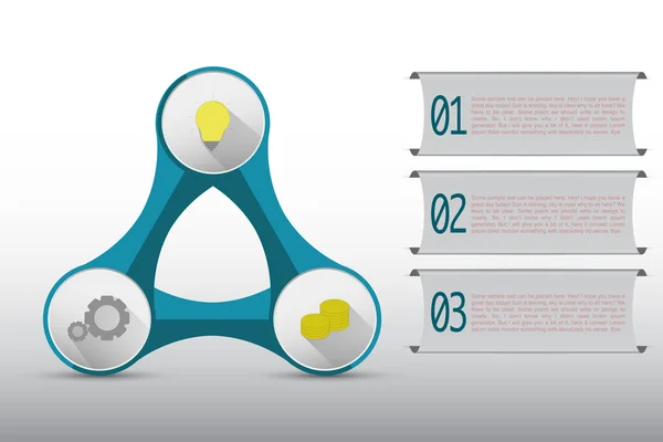 Infographies chronologiques en trois étapes connectées sous forme abstraite sur un diagramme arrondi. Infographie en trois étapes avec bannières, icônes colorées sur forme de triangle bleu avec des formes arrondies sur fond gris dégradé . — Image vectorielle