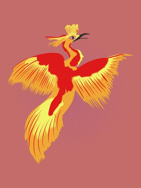 Wiedergeborene Phönix Pop Art Zeichnung. Feuervogel-Zeichnung mit schwarz gepunktetem roten Hintergrund. Zeichentrickillustration des legendären Phönix. — Stockvektor
