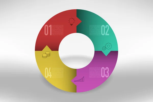 Connecté quatre étapes infographie chronologique en forme circulaire avec des flèches. Diagramme d'affaires moderne en 4 étapes avec des gradients colorés en forme de diagramme circulaire, peut être utilisé comme infographie ou chronologie . — Image vectorielle