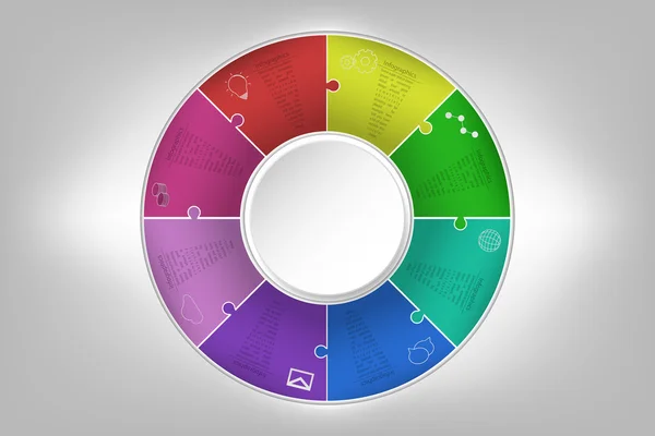 Modern renkli 8 adımlar zaman çizelgesi infographics Yapboz şeklinde. Sekiz adımları iş Infographic diyagramı anahat simgeleri için arka plan ile iç 3d daire desenli yuvarlak bulmaca şeklinde olan.
