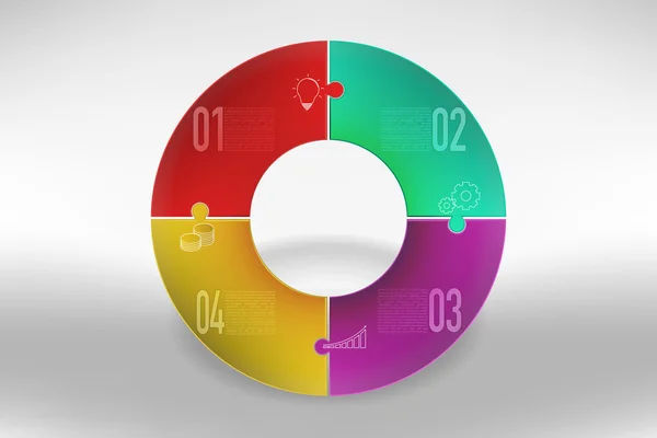 Moderna y colorida línea de tiempo de 4 pasos infografías en forma de rompecabezas. Diagrama de infografía de negocios de cuatro pasos con iconos de contorno de bulbo, engranaje, gráfico y monedas en forma de rompecabezas redondeado con sombra . — Archivo Imágenes Vectoriales