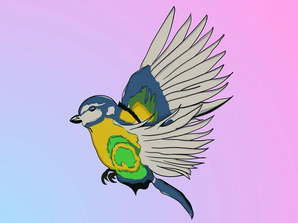 Resimli papağan arka plan mavi ve pembe gradyan ile uçuş sırasında yakalanan karikatür tarzı. Uçan resimli karikatür kuş. — Stok Vektör