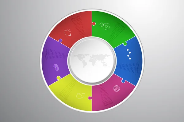 Moderní šest kroků zaoblené infografika s puzzle tvarů. Moderní 6 kroků kruhové infographic ikonami osnovy ve tvaru puzzle. Moderní obchodní diagram s tečkovaný svět mapa reprezentující proces nebo připojení. — Stockový vektor