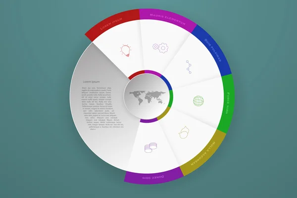 Sechs Schritte Timeline Business-Infografiken, die Prozess oder Workflow mit Umrisssymbolen in modernen Farben darstellen können. Moderne 6-Schritte-Infografik mit Schlagschatten, 3D-Kreis und gepunkteter Weltkarte. — Stockvektor
