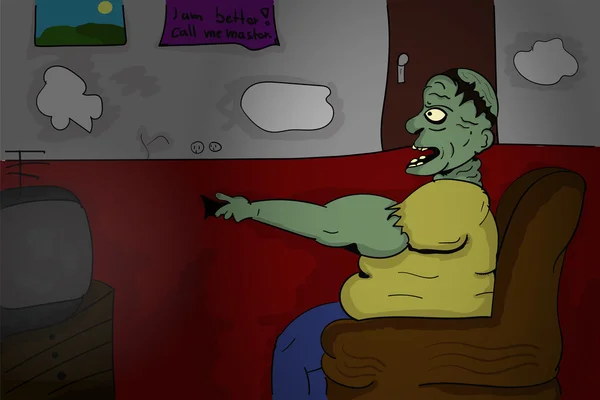 Ilustração de velho louco que se parece com um zumbi em estilo de desenho animado. Velho morto-vivo irritado sênior sentado em uma cadeira com TV remota na mão assistindo televisão. Desenhos animados ilustração estilo . — Vetor de Stock