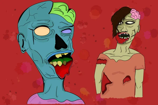 Twee geïllustreerd zombies in cartoon stijl met zichtbare hersenen, lege ogen en bloedige letsel. Bloedige achtergrond met druppels of spatten en twee cartoon zombies. — Stockvector