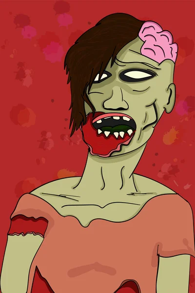 Creepy szary ilustrowany kolorowy zombie w stylu cartoon widoczny zielony mózgu, krwawych obrażeń i puste oczy na tle krwawy czerwony z plamami, cieni i krople. — Wektor stockowy