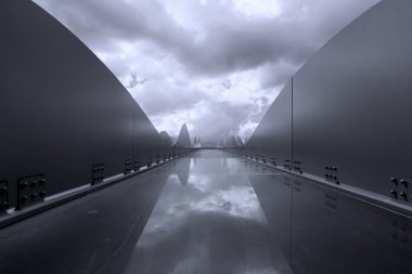 Siyah ve beyaz mimarisi ile dramatik bulutlu gökyüzü ve yansıma yuvarlak şeklinde. Baskın mavi tonları ile modern geometrik mimari fotoğraf.