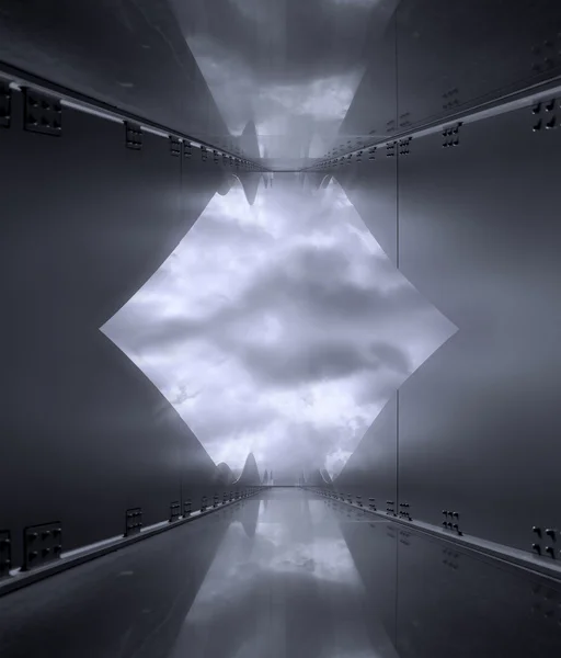 黑色和白色当代反思与戏剧性云创建未来学宇宙飞船视图在天空上的圆形建筑。现代钢抽象背景. — 图库照片#