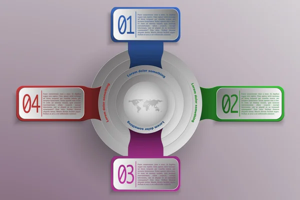 4 pasos cronología e infografías de negocios en colores modernos y estilo con mapa del mundo o globo en el centro. Objetos redondeados y rectanhle 3D como infografía de línea de tiempo con sombras que representan el proceso, diagrama, opciones o gráfico . — Vector de stock