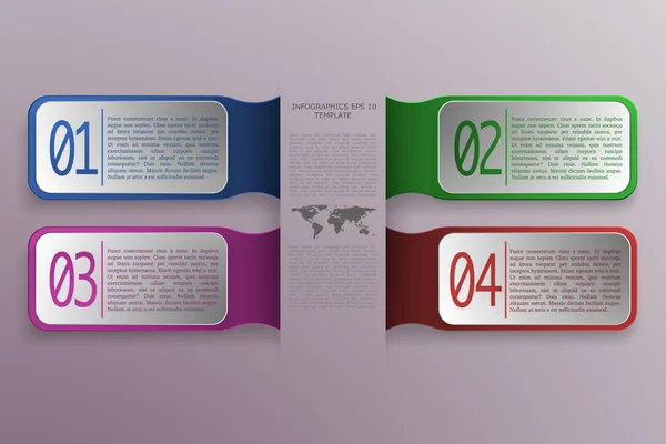 Infográficos de 4 opções com objetos retangulares 3D em estilo moderno e cores. Mapa do mundo com texto e quatro banners de negócios em fundo gradiente - pode ser usado como infográfico, diagrama, processo ou etapas . — Vetor de Stock