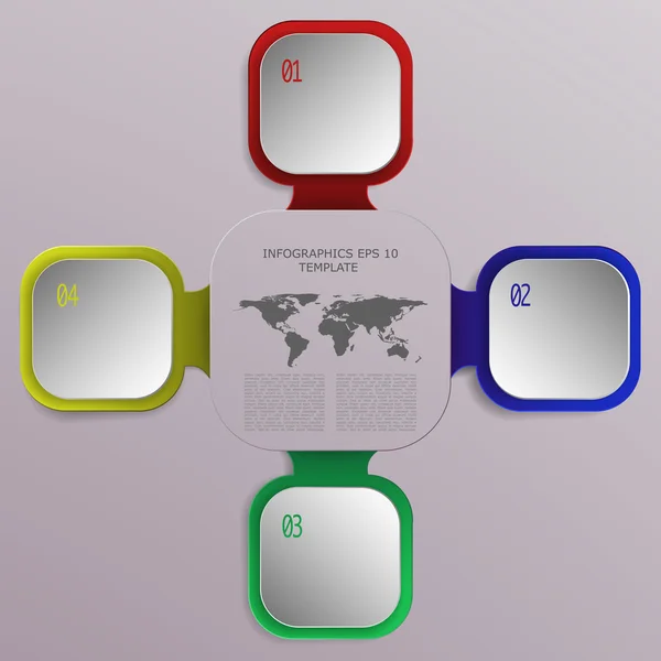 Cuatro pasos modernos infografías de negocios con cuadrados 3D y mapa del mundo. Colorido diagrama de negocio de 4 opciones que representa el proceso, opciones, pasos o concepto. Diseño de plantilla moderna . — Vector de stock